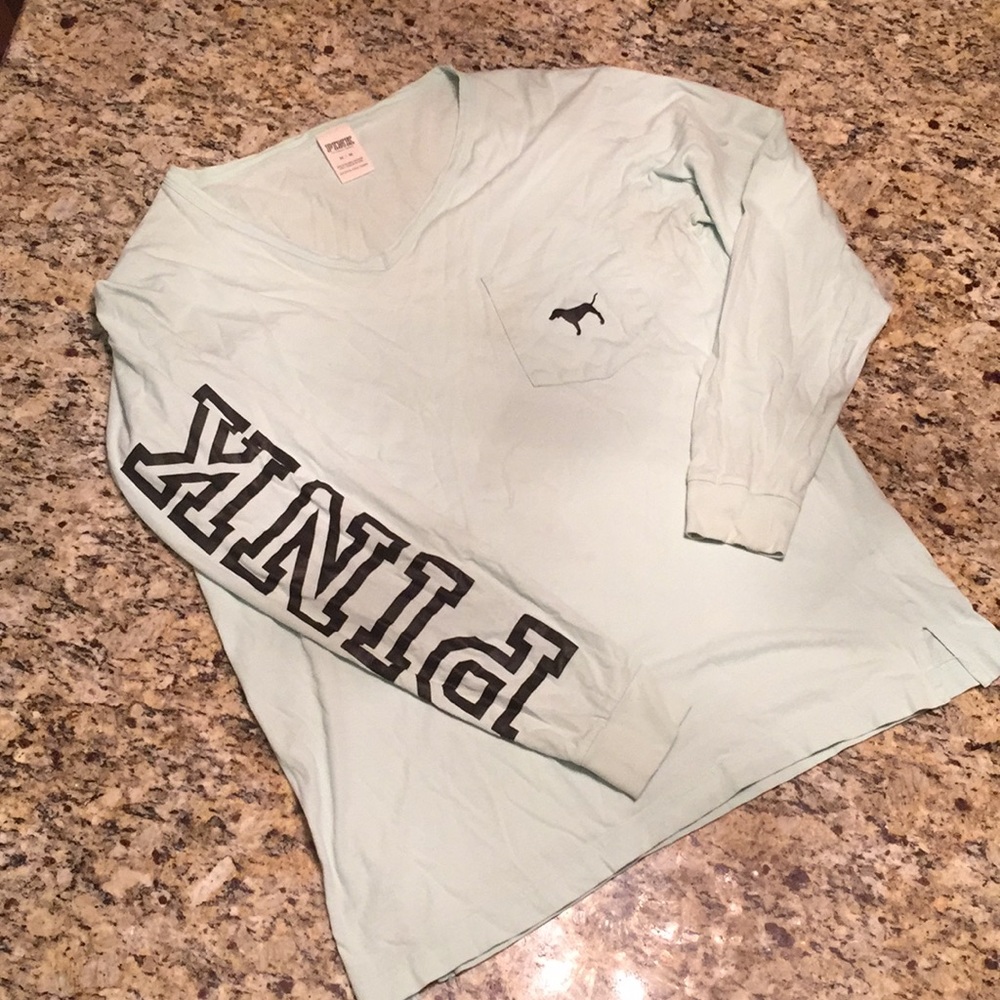 VS Pink M Mint Varsity Long Sleeve V Neck Tee